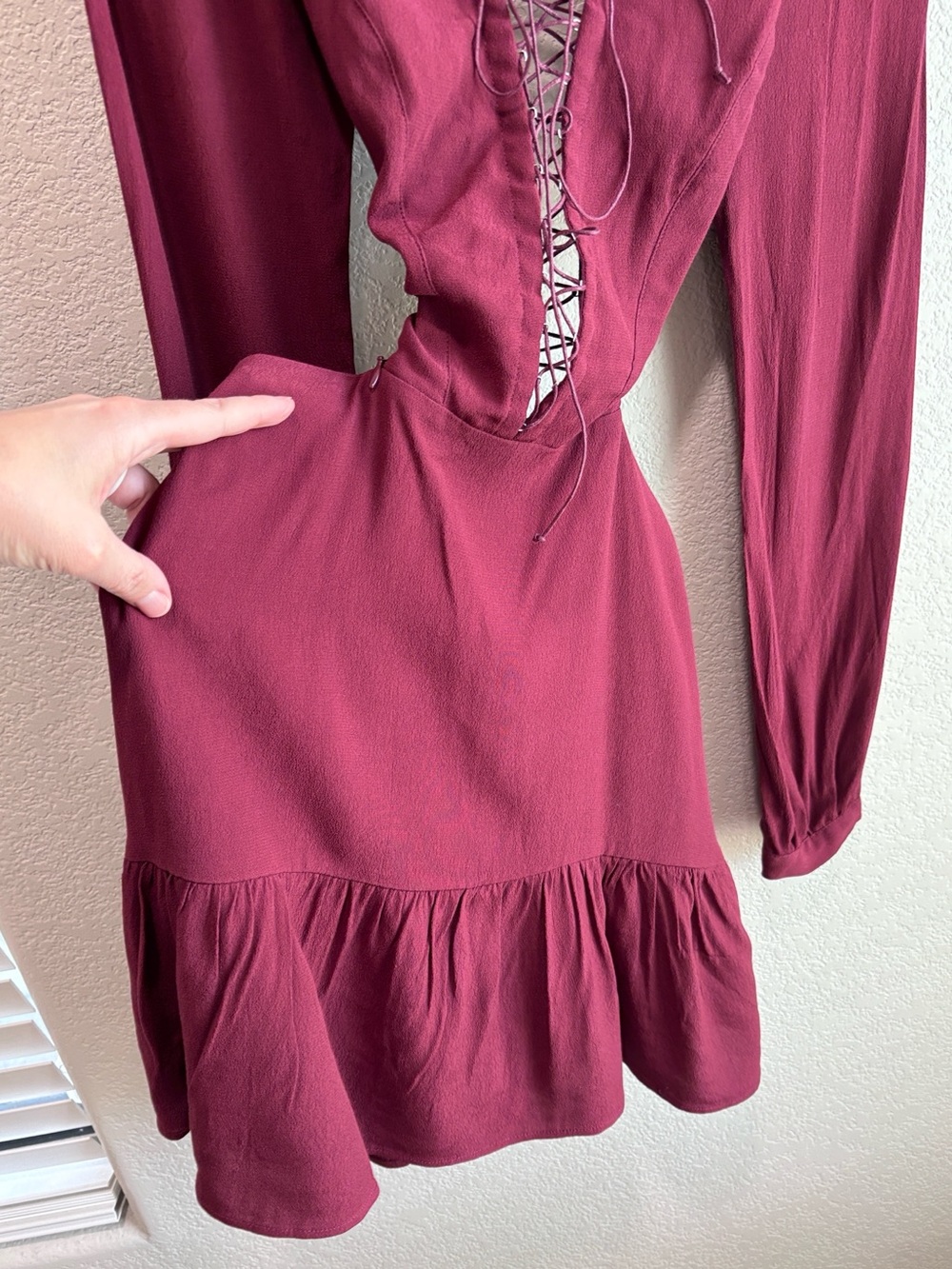 For Love & Lemons Lace Up Long Sleeve Mini Dress in Wine Red Size Small - Picture 4 of 10